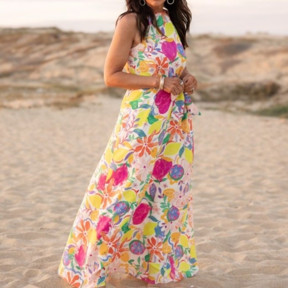 FORE Bright Floral Citrus Fruit Print Halter Maxi Dress Multicolor Large
